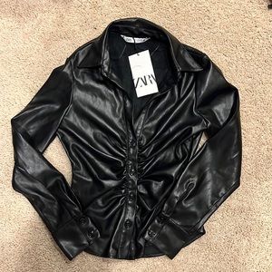 Zara faux leather fitted rouched front button up shirt